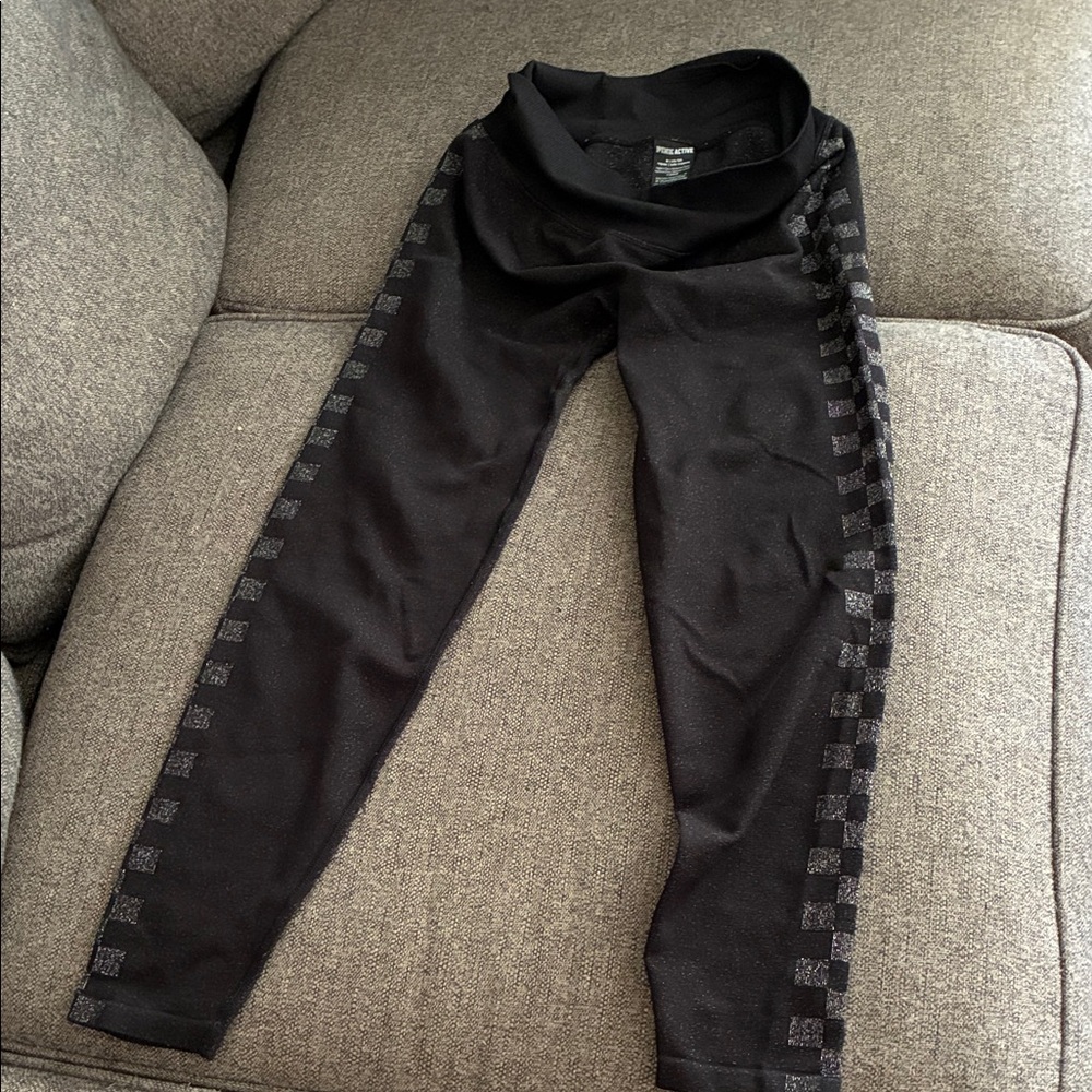 Pink Active Black Leggings with Checkered Side Stripes woman’s size medium (m)